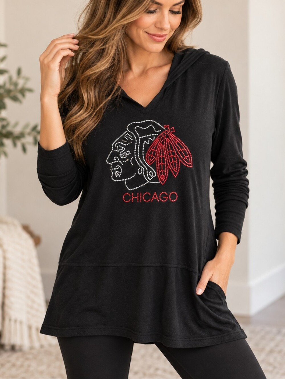 Chicago Rhinestone Hooded Tunic - Black
